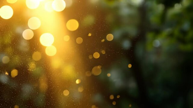 Golden bokeh lights and dust motes in a sunlit, natural setting