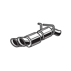 A detailed black and white silhouette illustration depicting a stylized dual exhaust system component commonly used on various types of automobiles