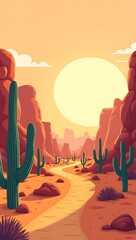 Naklejka premium Desert cartoon landscape with cacti, rock formations, and orange sky. Side-scrolling loop with parallax layers for animated video or game scene.