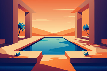 sunken desert oasis living room with water channel 