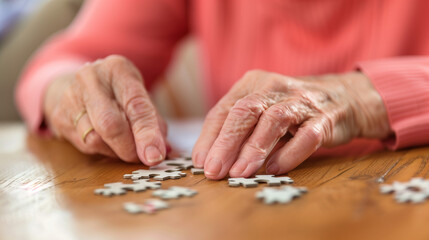 Elderly woman concentrating on solving jigsaw puzzle at wooden table, senior mental exercise and cognitive stimulation for memory care and dementia prevention
