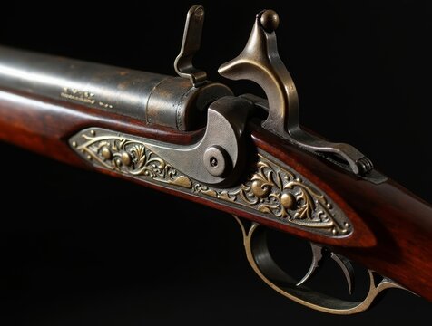 A close-up of an antique flintlock pistol, showcasing its ornate carvings and aged metal texture, partially framed by shadows