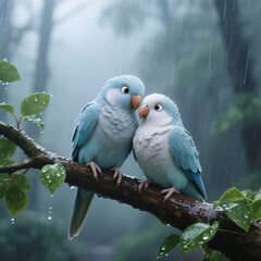 Obraz premium parrots in love sitting on a branch in the rain