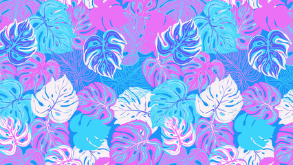 Repeating pattern of monstera leaves in shades of blue pink and white on a blue background design