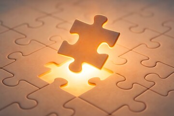 Fototapeta premium Glowing Puzzle Piece Illuminating a Simple Background, Symbolizing Completion and Connection in Abstract Artistry