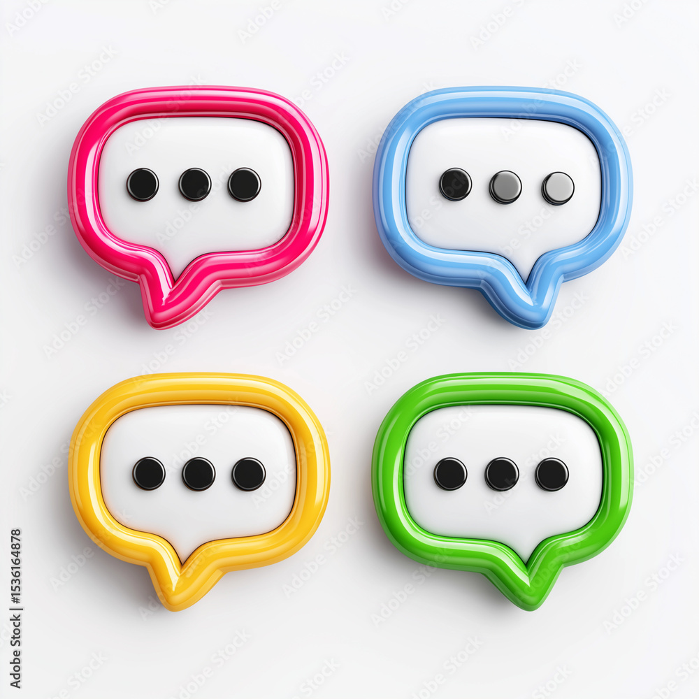 Poster a close up view of four colorful speech bubbles with three dots inside on a white background