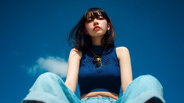 青空と見下す視線の女性