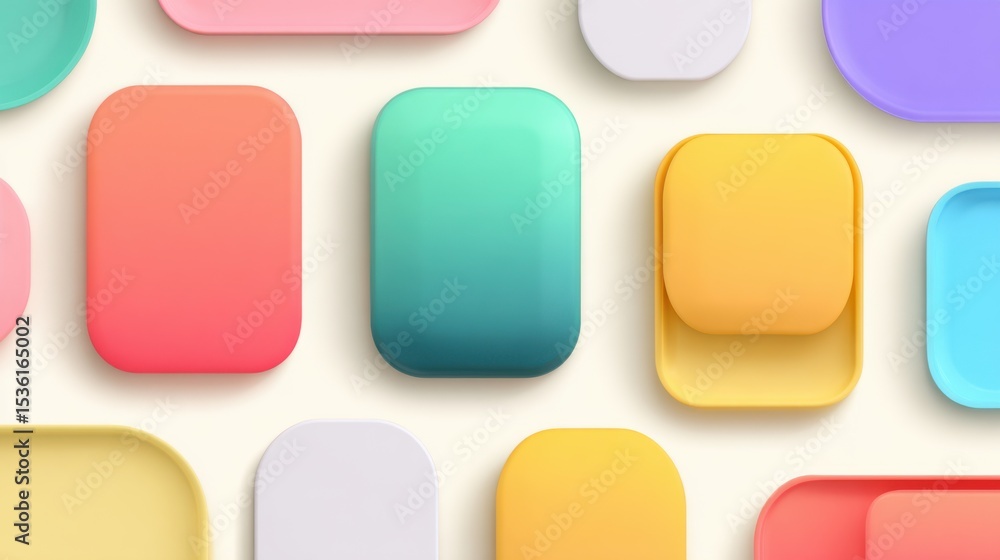 Poster colorful rounded-rectangular objects arranged in a grid pattern on a light beige background with vib