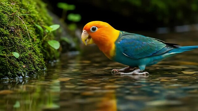 Brightly colored lovebirds with bright yellow heads and breasts, and sparkling sapphire blue wings and tails, drink from the stream.