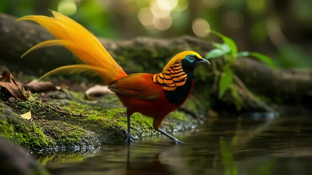A male bird of paradise with long golden orange tail feathers drinking from the edge of a clear forest river.
