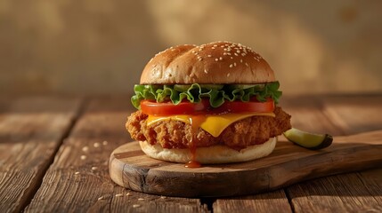 crispy, breaded chicken burger with mozzarella cheese standing on wooden cutting board