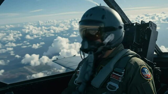 a fighter pilot sits in the cockpit of a modern fighter jet in mid-flight, Oxygen mask and communications equipment in place, with the flight suit showing patches and insignia.