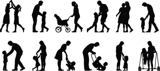 Silhouettes of parents with children, family interaction, love, caring, stroller moments, playful bonding, parenting scenes, vector illustration, black isolated figures