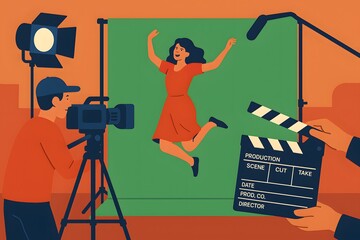 Filmmaking Studio Action: Camera, Green Screen, Actor, Director, Clapperboard