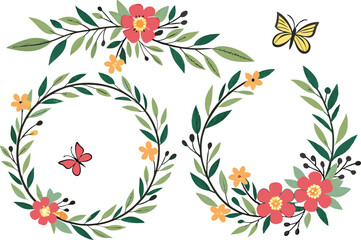 Summer Floral Wreaths and Frames illustration collection. Colorful Summer Floral Wreaths and Frames design set. Summer Floral Wreaths and Frames icons and elements. Summer Floral Wreaths and Frames