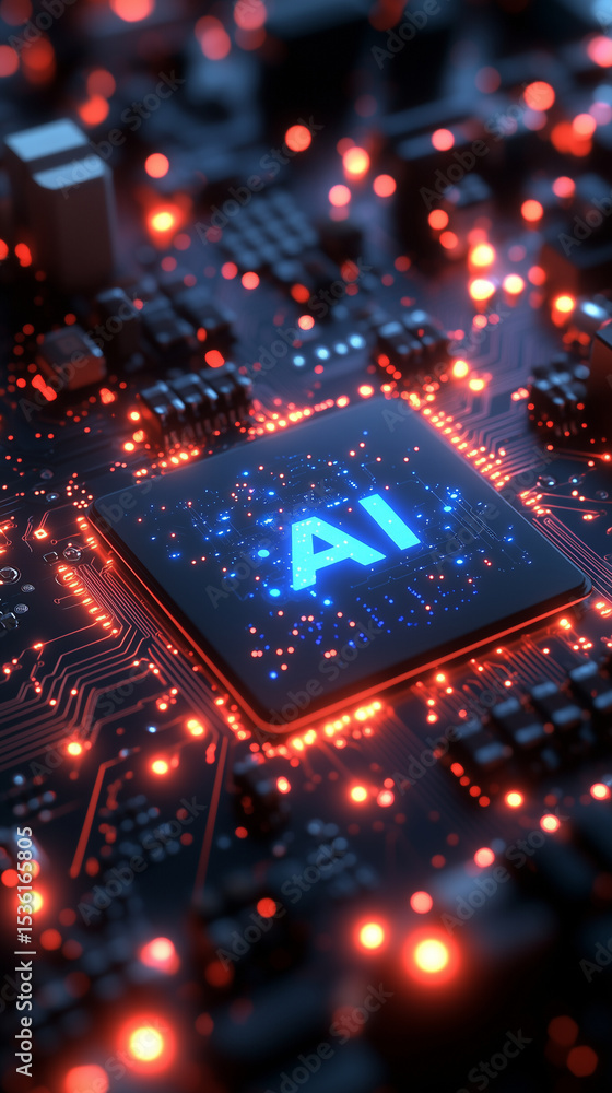 Poster close up of ai chip on circuit board with red and blue lights illuminating the technology design