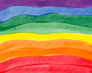 Watercolor rainbow landscape with vibrant layered waves in pride colors, painted in soft gradient hues