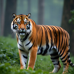 Fototapeta premium Tiger Walking Through Forest with Orange and Black Stripes