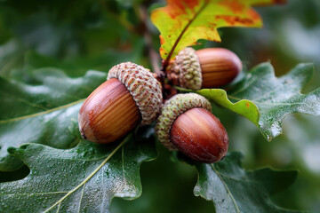 Acorns on English oak leaves (Quercus robus)