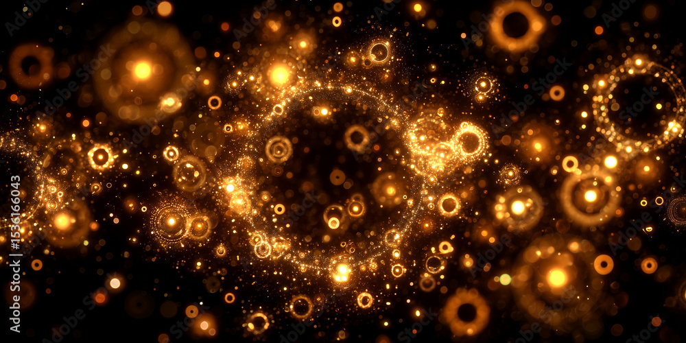 Poster abstract background featuring glowing golden circles and particles on a dark backdrop design art