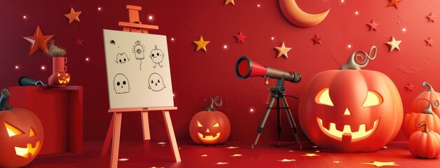 Stylish office, orange wall, white desk, laptop, wooden chair, modern interior design, stock photo for text, high resolution with hollowed