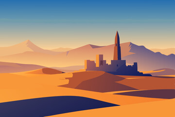 vast desert plain with ancient ruins half buried 