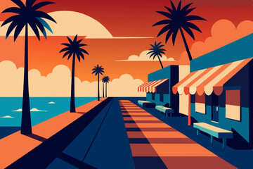 vibrant coastal boardwalk scene with shops and pal.svg