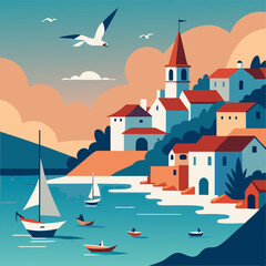 watercolor style coastal village with boats 