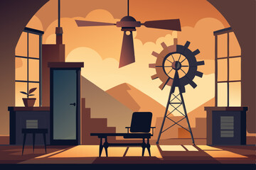 windmill tower living room with exposed gears  woo