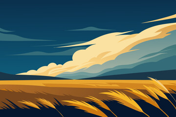 windswept prairie with golden grass and distant 