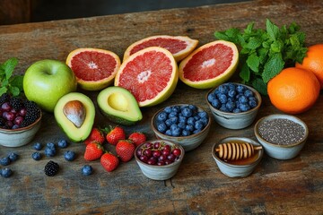 Assorted fresh fruit and berries on rustic wood