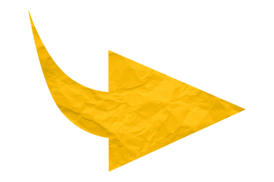 Yellow crumpled paper arrow isolated on transparent background