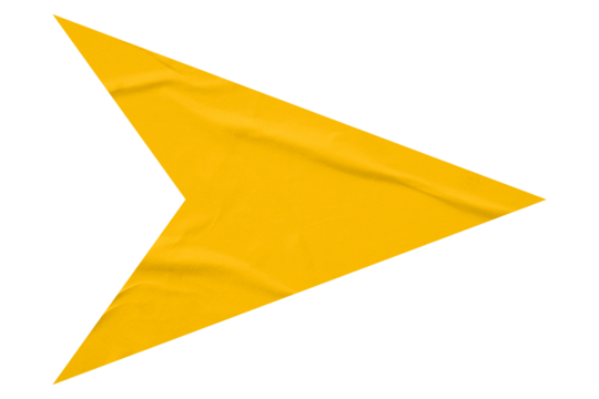 Yellow crumpled paper arrow isolated on transparent background