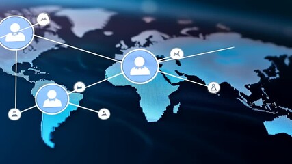 Global connectivity map illustrating digital networking across continents with user icons and connections - Powered by Adobe
