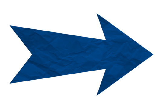 Blue crumpled paper arrow isolated on transparent background