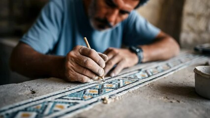 Craftsman restoration of traditional mosaic tile pattern with artisan hand detailing, focusing intricate geometric designs and skilled restoration techniques, showcasing traditional art