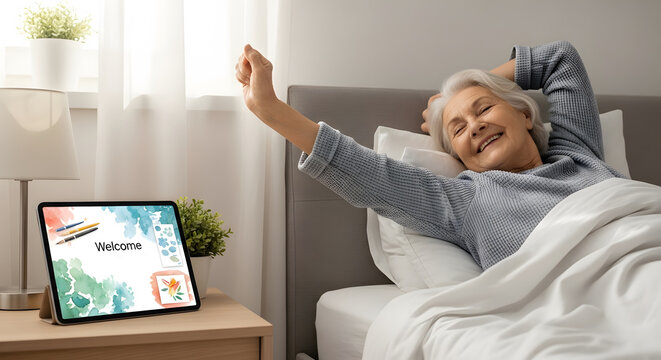 Joyful Morning Stretch in Cozy Bedroom - Powered by Adobe