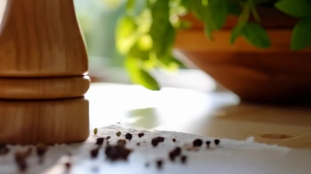 Elevated shot of wooden pepper mill and salt shaker with scattered peppercorns on a lace doily near a window.