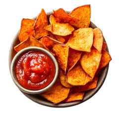 Crispy tortilla chips with salt served with ketchup dip in ceramic bowl isolated on transparent background