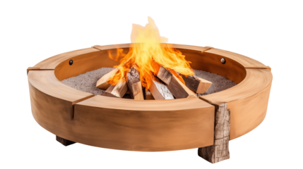 A circular wooden fire pit with burning logs and flames against a black background in a studio setting