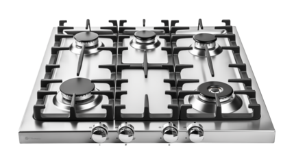A stainless steel gas stovetop with four burners and control knobs on a black background