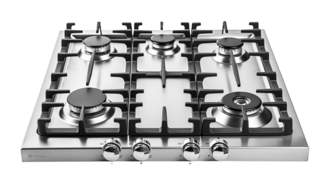 A stainless steel gas stovetop with four burners and control knobs on a black background