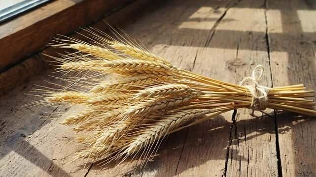 A bundle of golden wheat stalks tied with twine resting on a rustic wooden surface by a window