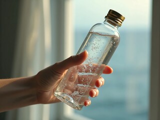 A hand hold a filled up by water bottle on a window background, horizontal composition. Promotional background for graphic design.