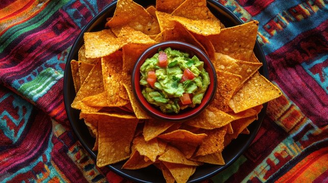 A plate of tortilla chips with a bowl of guacamole