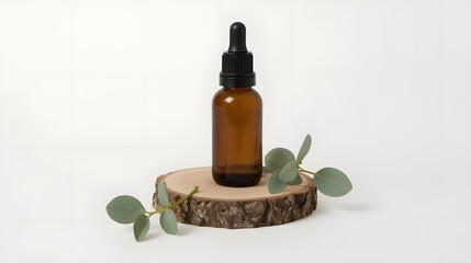 Facial serum in brown glass dropper bottle on wooden saw cut with green eucalyptus branches on light grey background. Flat lay mockup for eco cosmetic. Natural skin care product on podium for branding