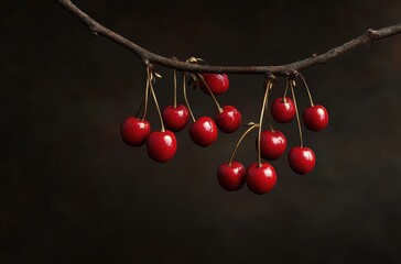 Vibrant red coffee cherries hanging from a branch, dramatic lighting,