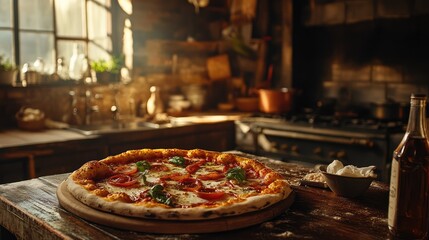 A pizza with tomatoes and basil on it sits on a wooden table