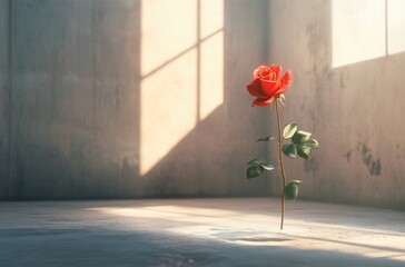 Vibrant red rose standing alone in a minimalist setting, dramatic