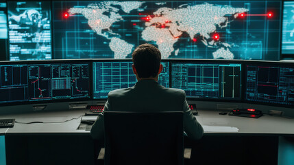 Futuristic Border Surveillance Room with Glowing Maps and Radar Symbols Indicating Alert Zones